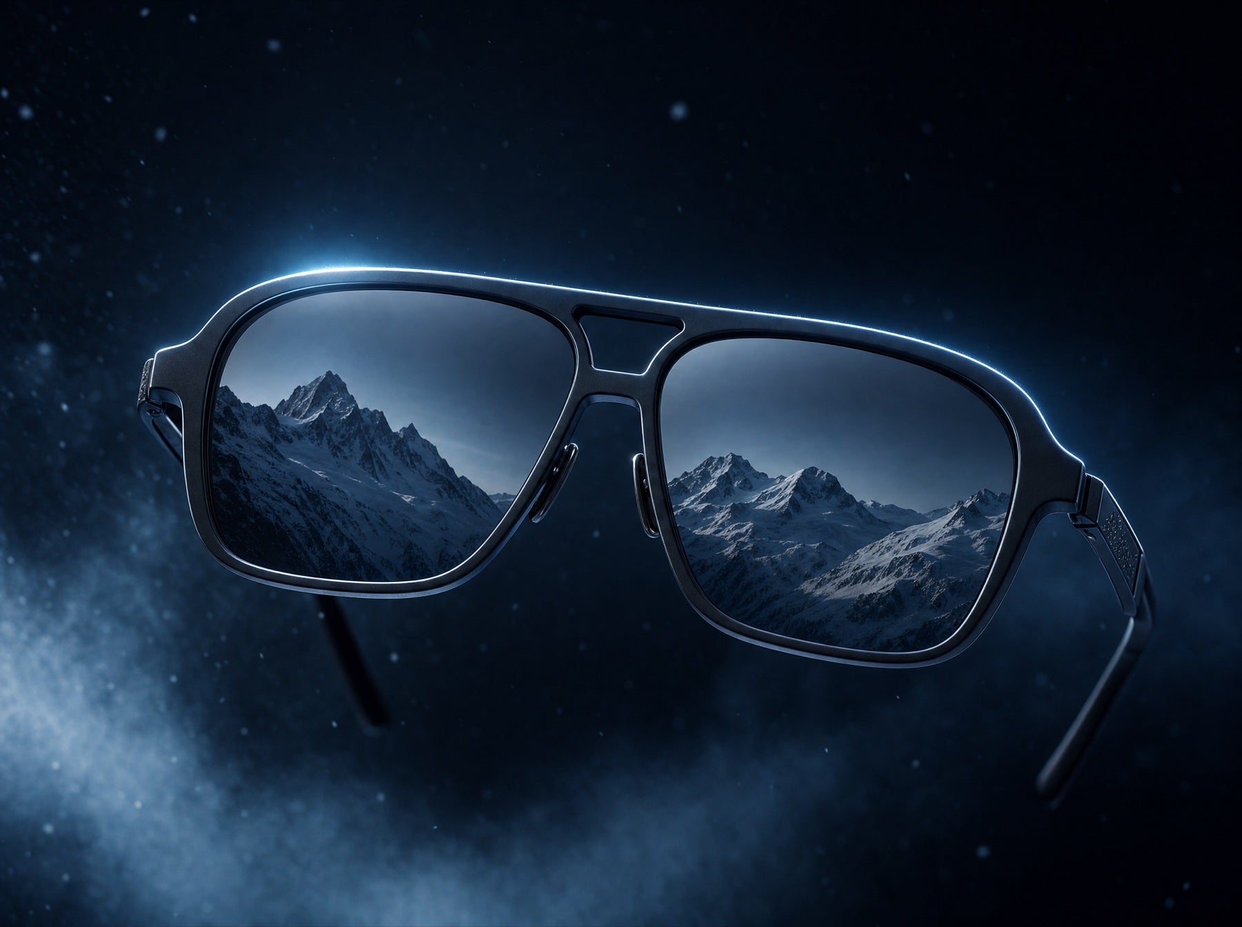 Concept render of the matte-black Summit Series frame with double bridge and ice-blue rim light